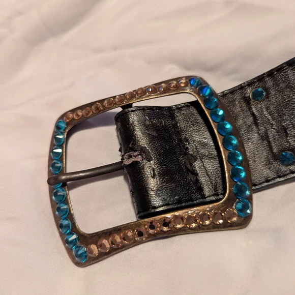 Black Leather Belt w/Colorful Glam Embellishments & Accents Blue/Green & Gold - Picture 9 of 12